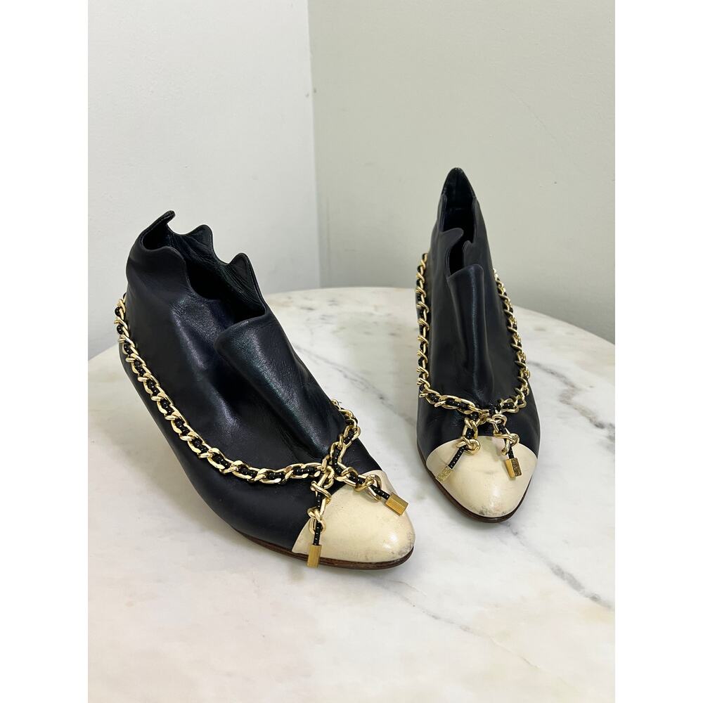 VINTAGE FALL 2008 BERNHARD WILLHELM GOLD CHAIN BLUE/BEIGE WEDGE BOOTIES SZ 7